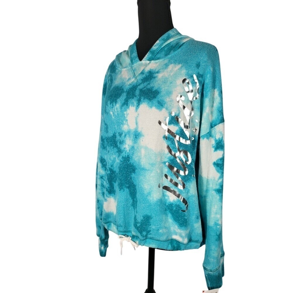 JUSTICE Girls Tie Dye Pullover Hoodie Top Silver Graphic Drawstring Hem Size XL